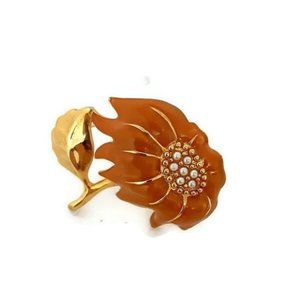 Enamel Sunflower Brooch With Faux Pearl Center - Vintage Orange Petal Flower Pin